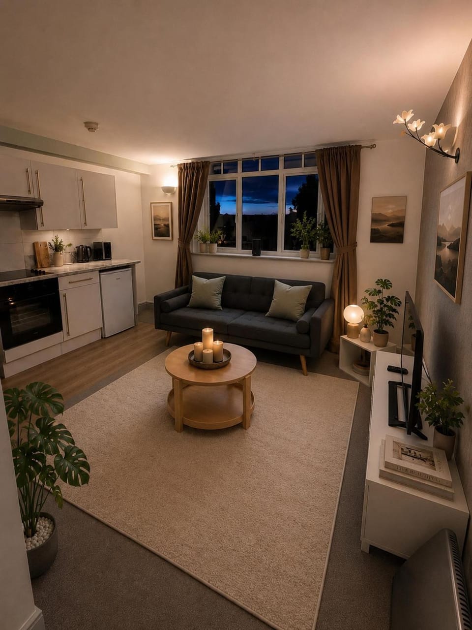 Coffee/tea facilities, Kitchen or kitchenette, Living room, Photo of the whole room, Seating area, furniture, stove