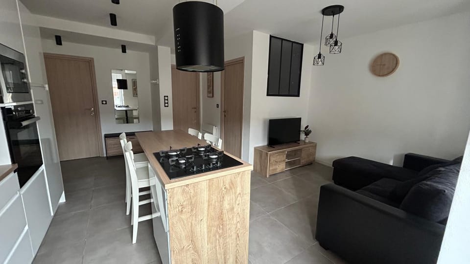 Kitchen or kitchenette, stove