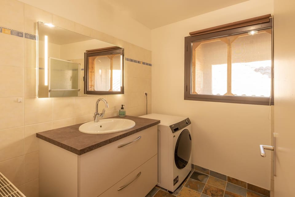 Bathroom, towels, washing machine, dryer