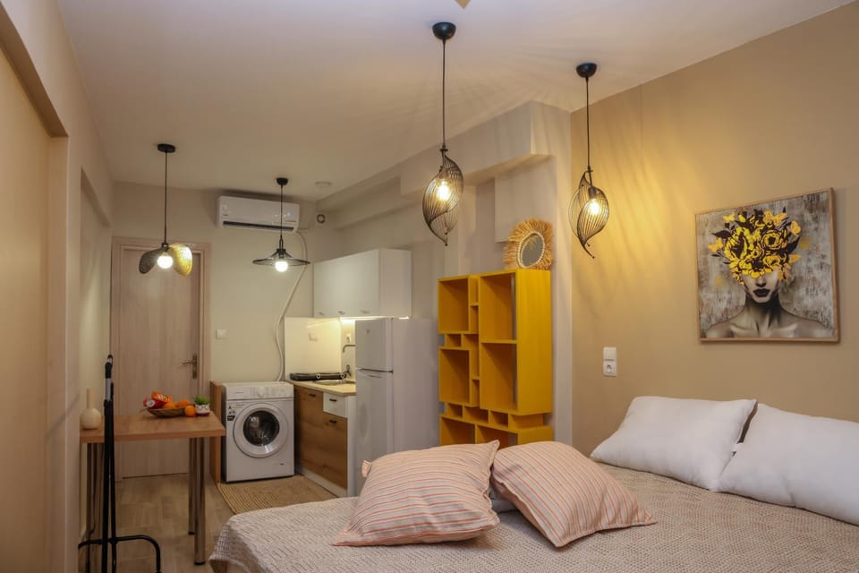 Bed, Kitchen or kitchenette, Living room, Seating area, Bedroom, washing machine, air conditioner