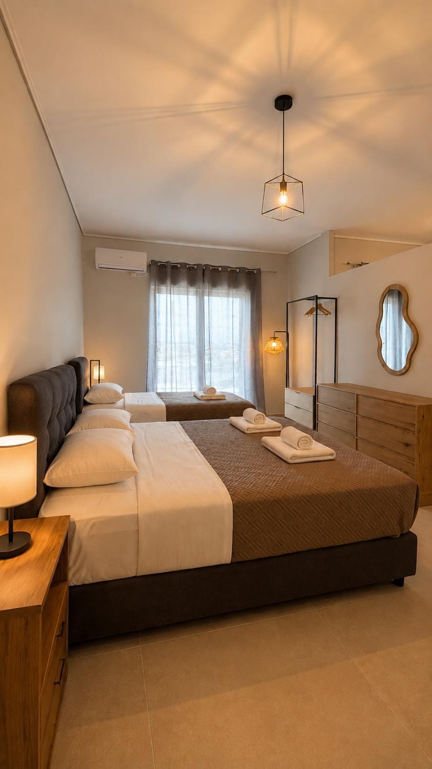Bedroom, towels, wardrobe, air conditioner