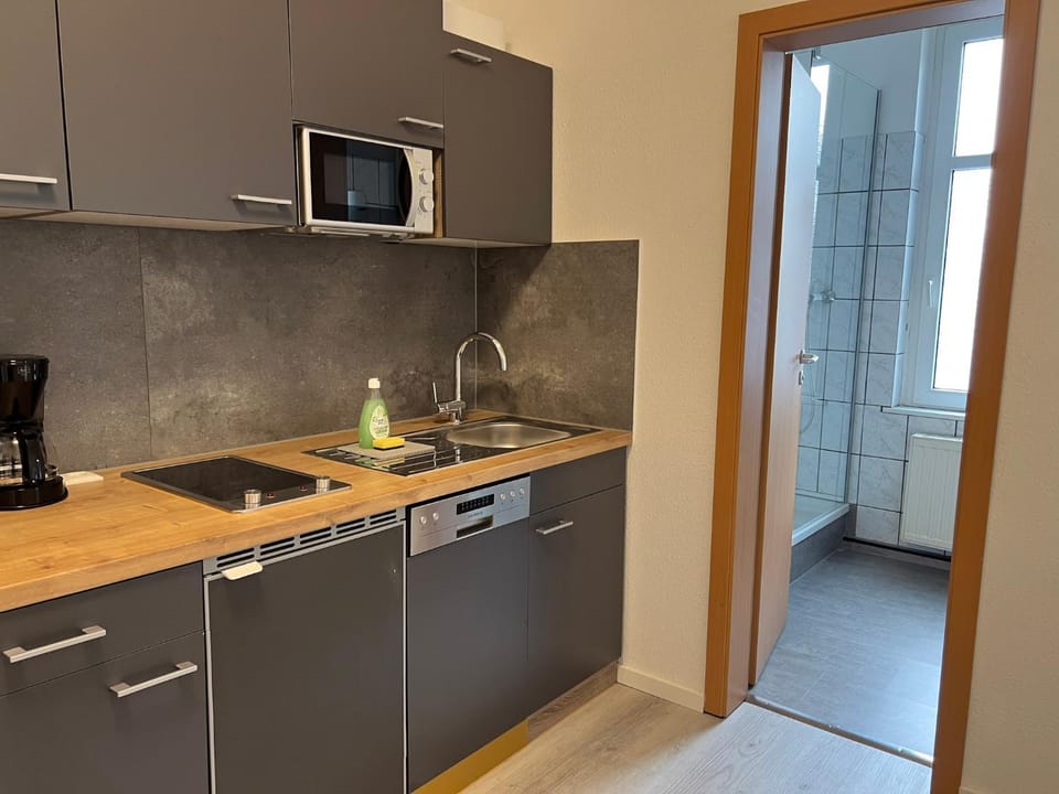 Kitchen or kitchenette, dishwasher, oven, stove