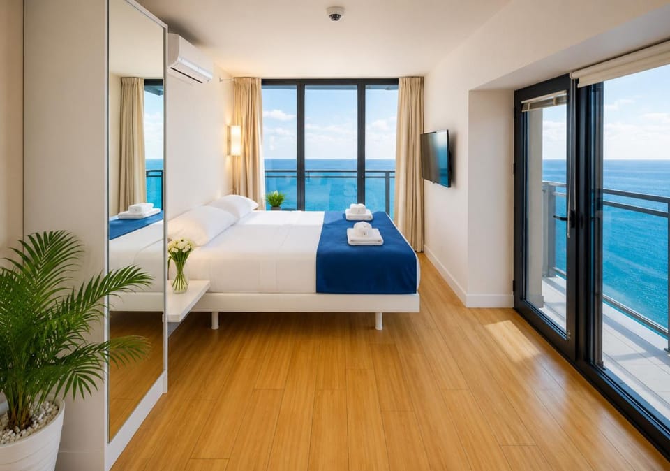 Bed, Natural landscape, View (from property/room), Balcony/Terrace, Photo of the whole room, Bedroom, Pool view, Sea view, Swimming pool, towels