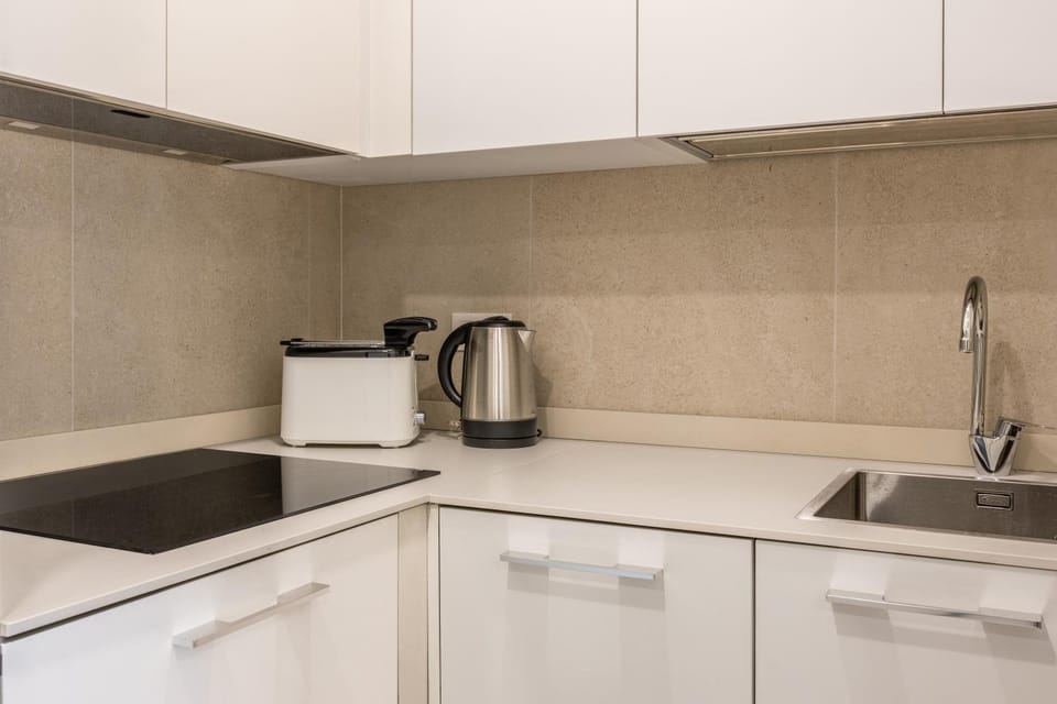 Kitchen or kitchenette, dishwasher, stove, toaster