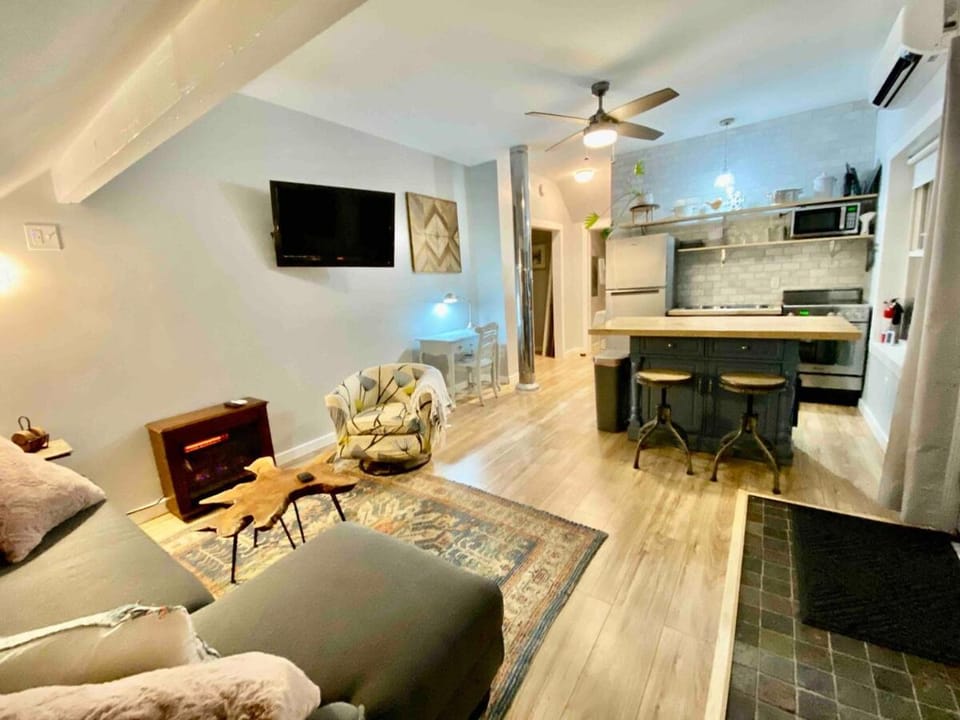 Kitchen or kitchenette, Living room, Seating area, fireplace