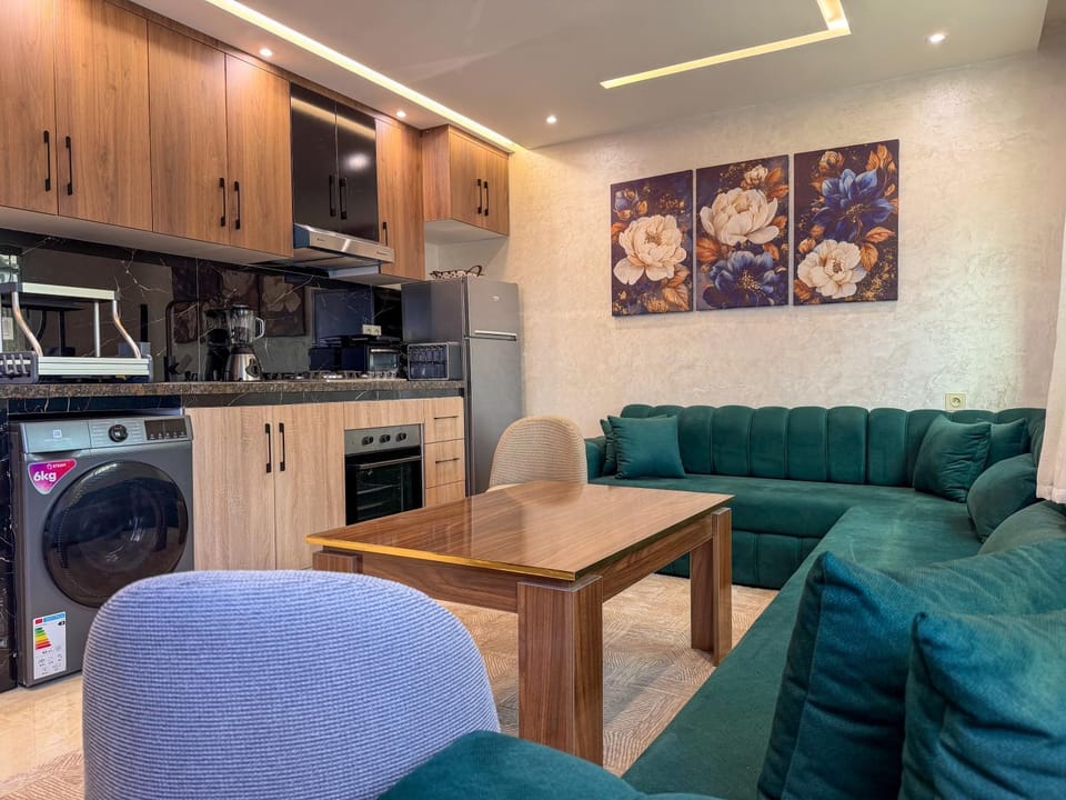 Kitchen or kitchenette, Living room, Seating area, Dining area, stove, washing machine