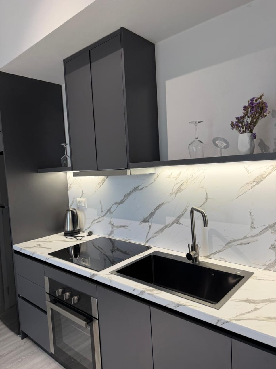 Kitchen or kitchenette, stove