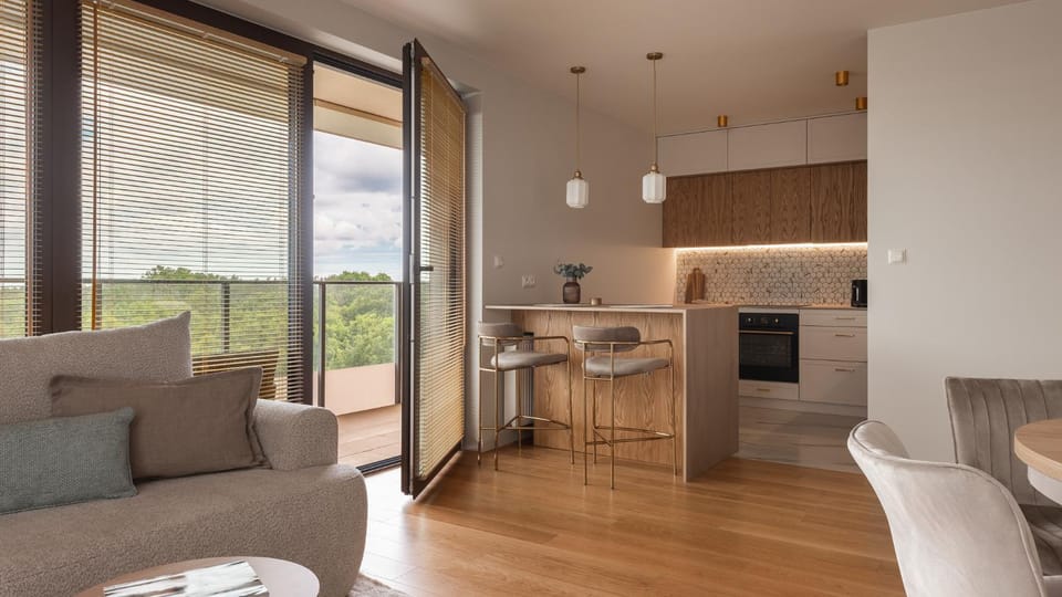 Kitchen or kitchenette, Living room, Seating area, oven, stove
