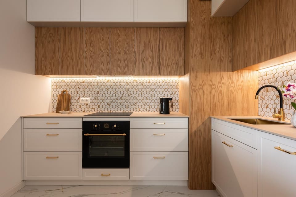 Kitchen or kitchenette, stove