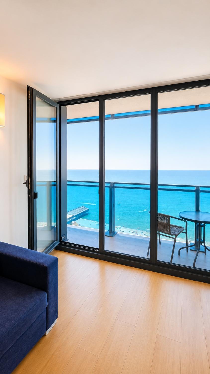 View (from property/room), Balcony/Terrace, Living room, Seating area, Sea view