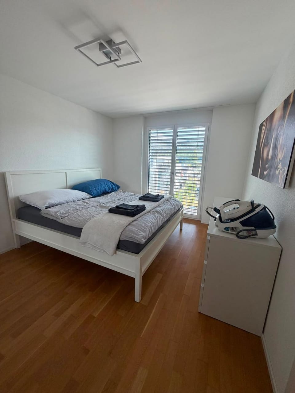 Bed, Photo of the whole room, Bedroom, flat iron, towels, wardrobe