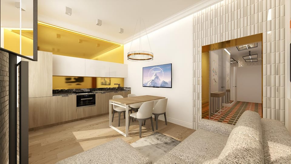 Kitchen or kitchenette, Living room, Seating area