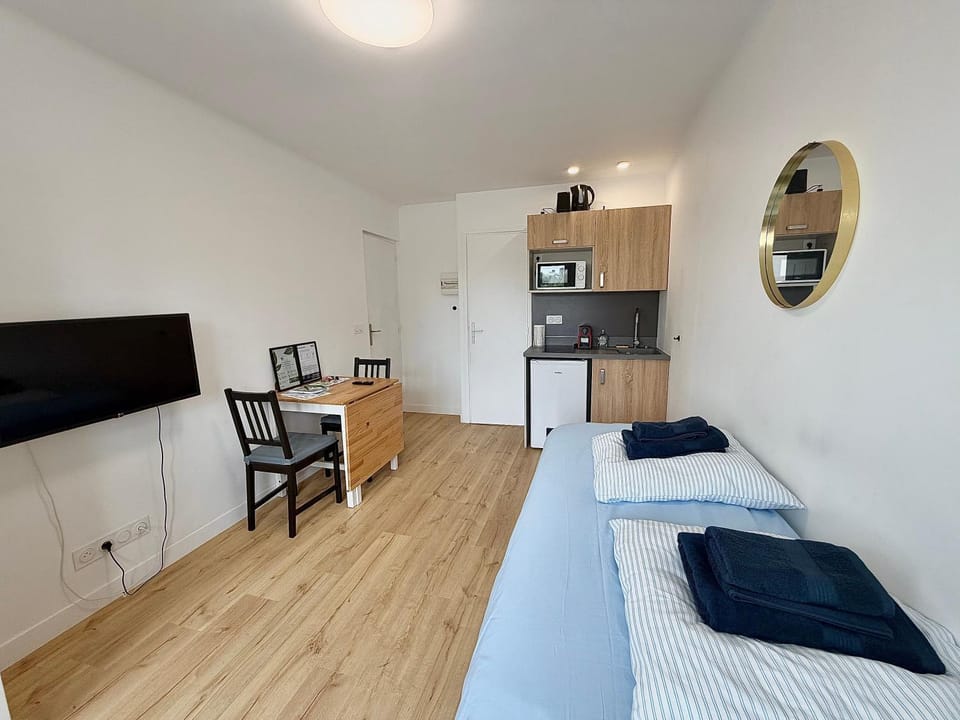 Bed, TV and multimedia, Kitchen or kitchenette, Photo of the whole room, Dining area, Bedroom