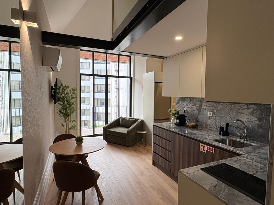 Kitchen or kitchenette, Living room, Dining area, stove