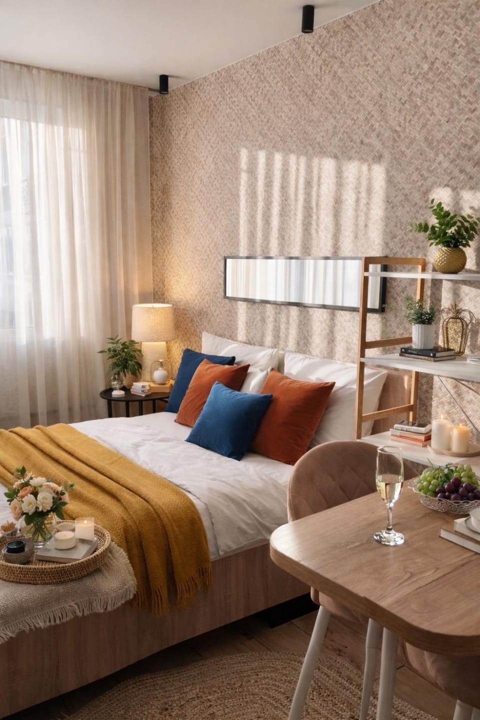 Bed, Living room, Food and drinks, Photo of the whole room, Seating area, Dining area, Bedroom, Food, Drinks