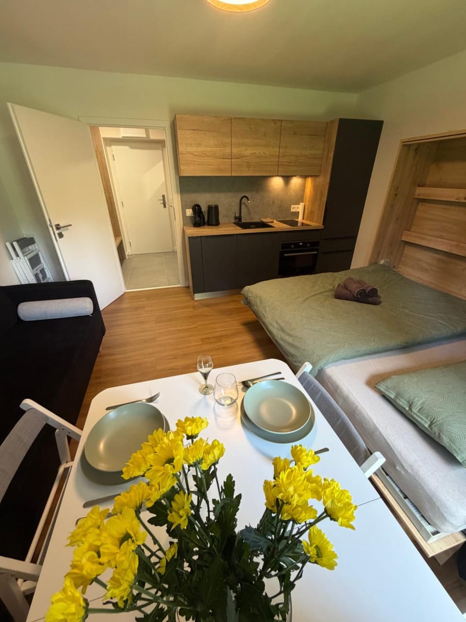 Bed, Kitchen or kitchenette, Living room, Photo of the whole room, Bedroom