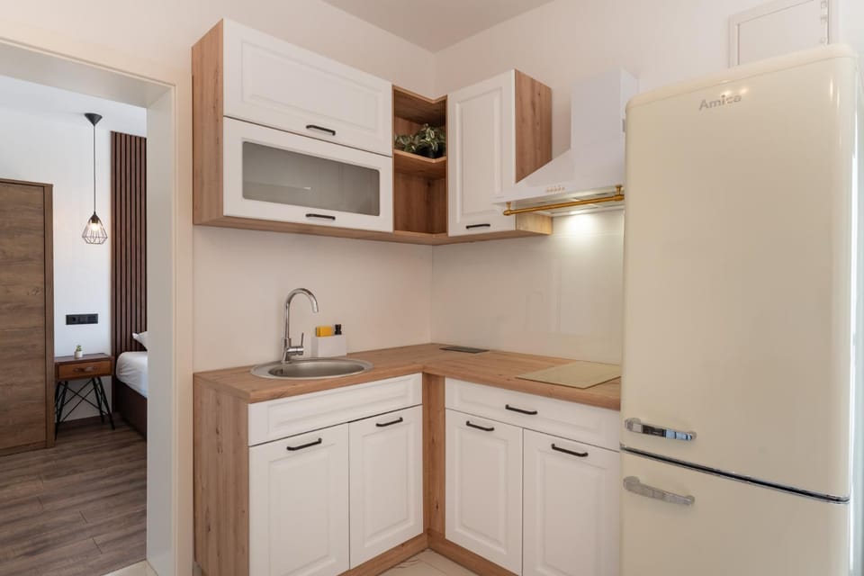 Kitchen or kitchenette, stove