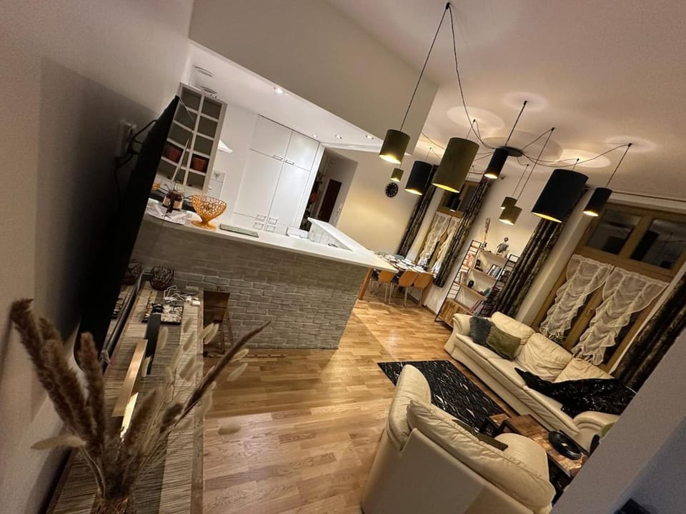 Kitchen or kitchenette, Living room, Seating area, Dining area
