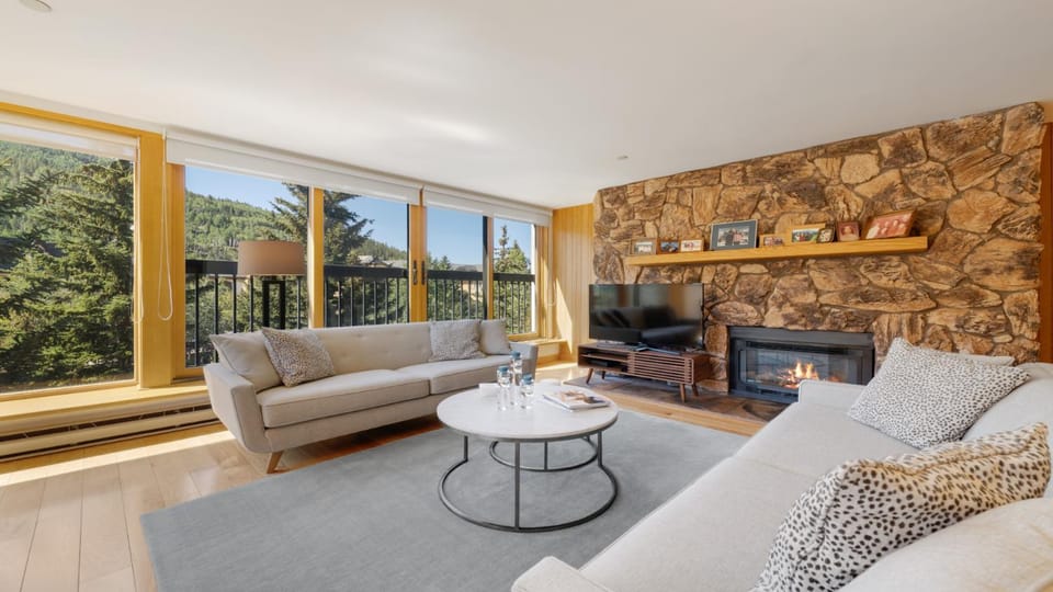 Day, Natural landscape, TV and multimedia, View (from property/room), Living room, fireplace, furniture, heating
