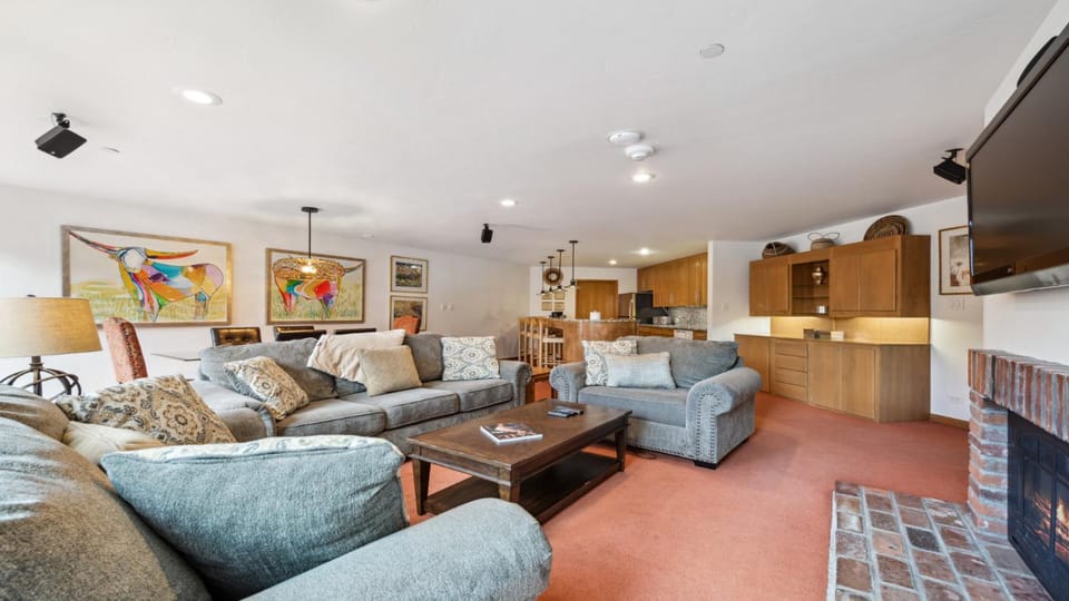Day, TV and multimedia, Kitchen or kitchenette, Living room, Seating area, fireplace, furniture, kitchen