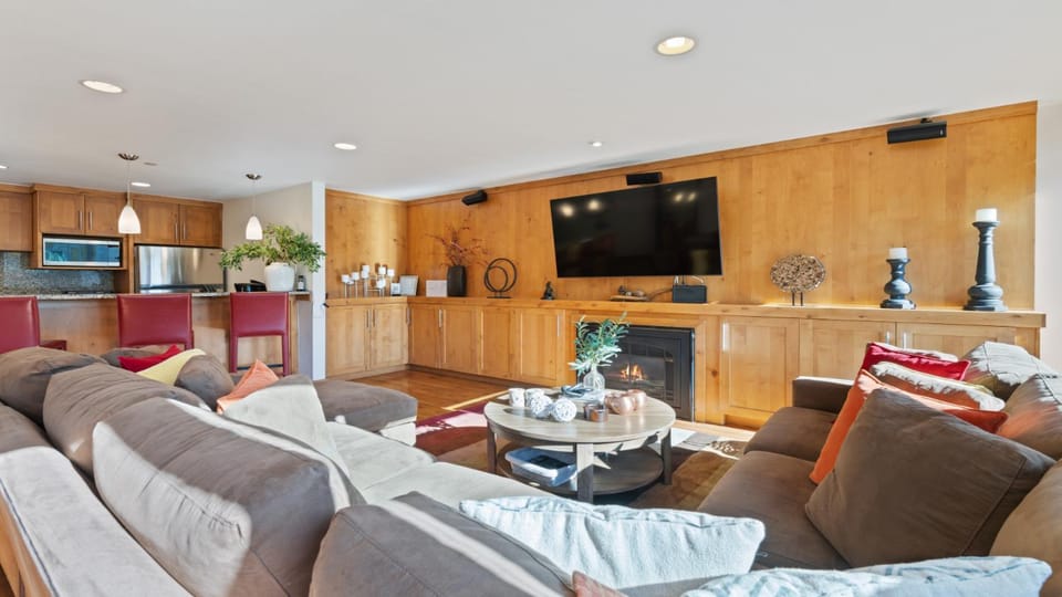Day, TV and multimedia, Kitchen or kitchenette, Living room, Seating area, Dining area, fireplace, furniture, air conditioner