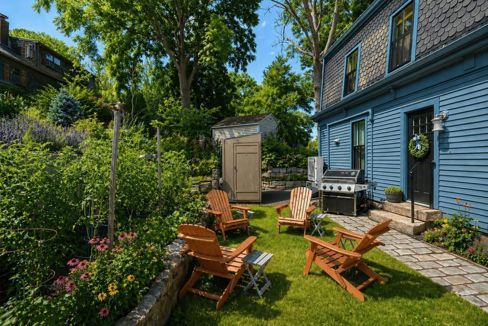 Property building, Patio, Day, Natural landscape, BBQ facilities, Garden, Seating area