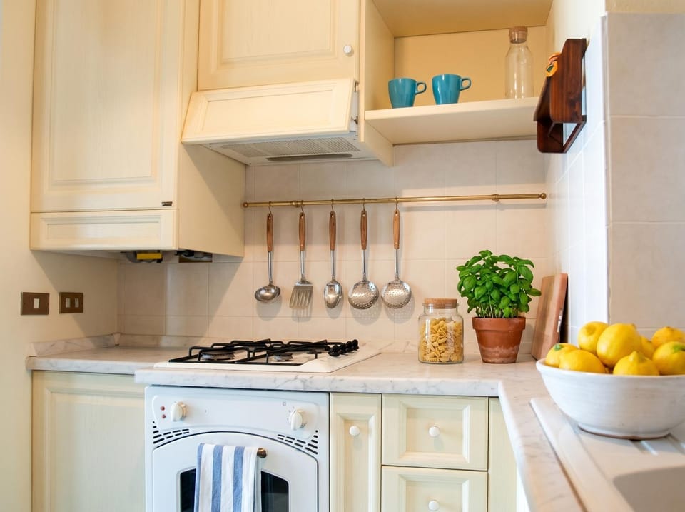 Kitchen or kitchenette, stove