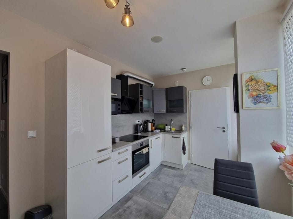 Kitchen or kitchenette, dishwasher, oven, stove