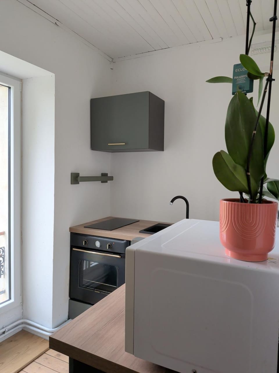 Kitchen or kitchenette, stove