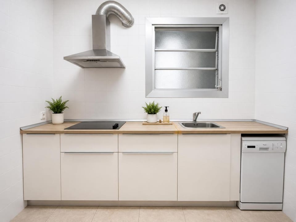 Kitchen or kitchenette, dishwasher, oven, stove