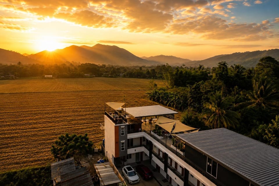 Property building, Natural landscape, Mountain view, Sunset