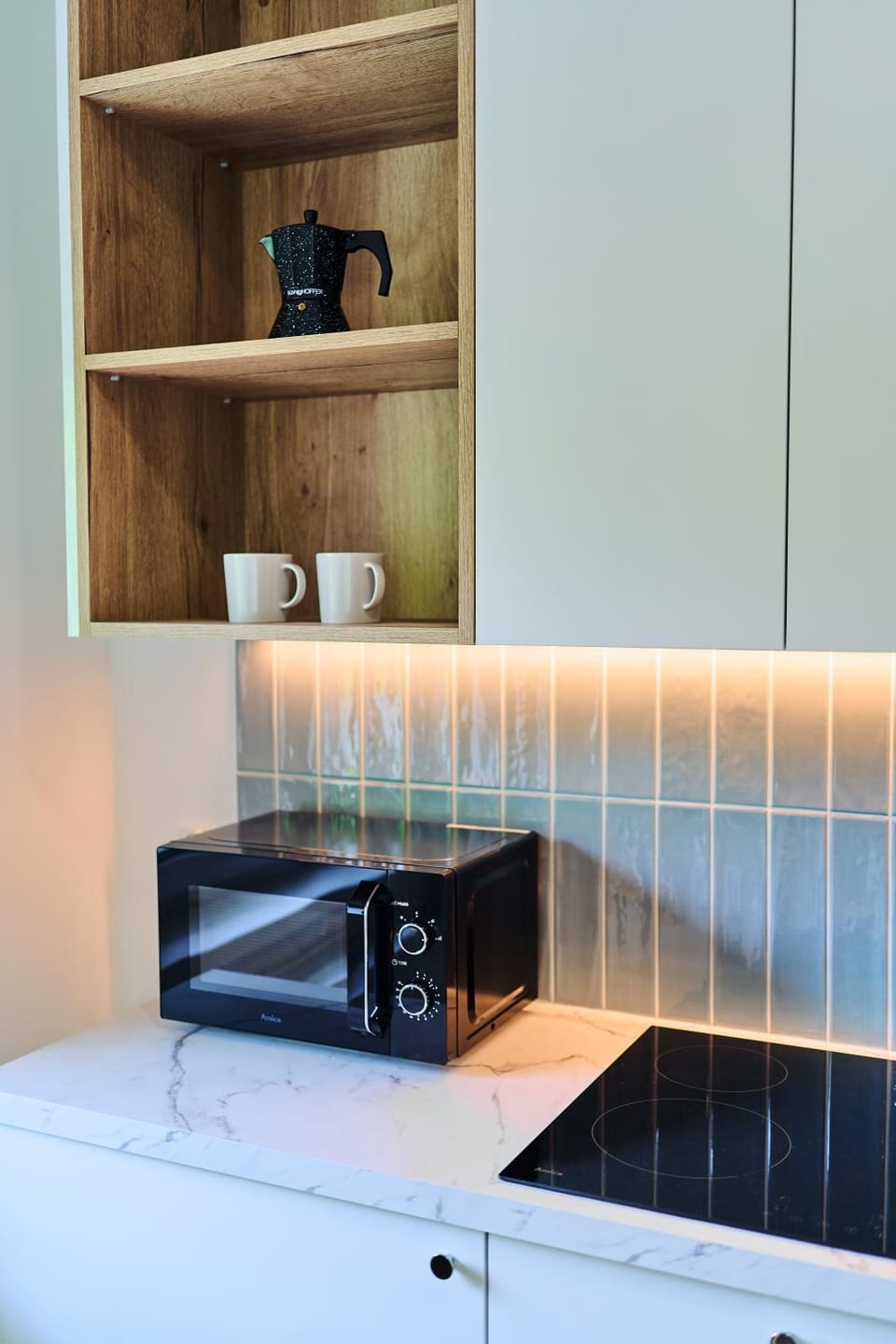 Kitchen or kitchenette, microwave, stove
