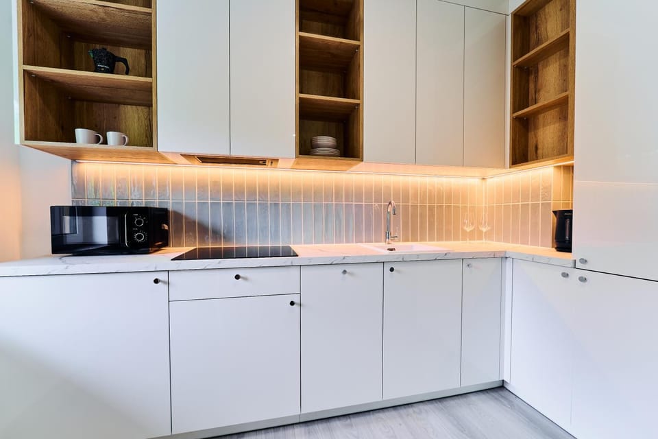 Kitchen or kitchenette, microwave, stove