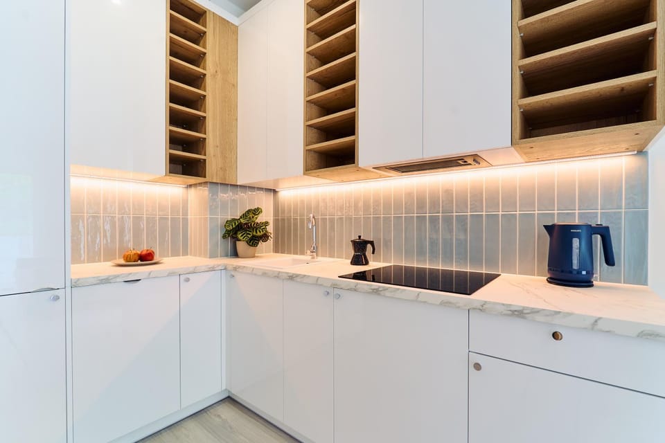 Kitchen or kitchenette, dishwasher, stove