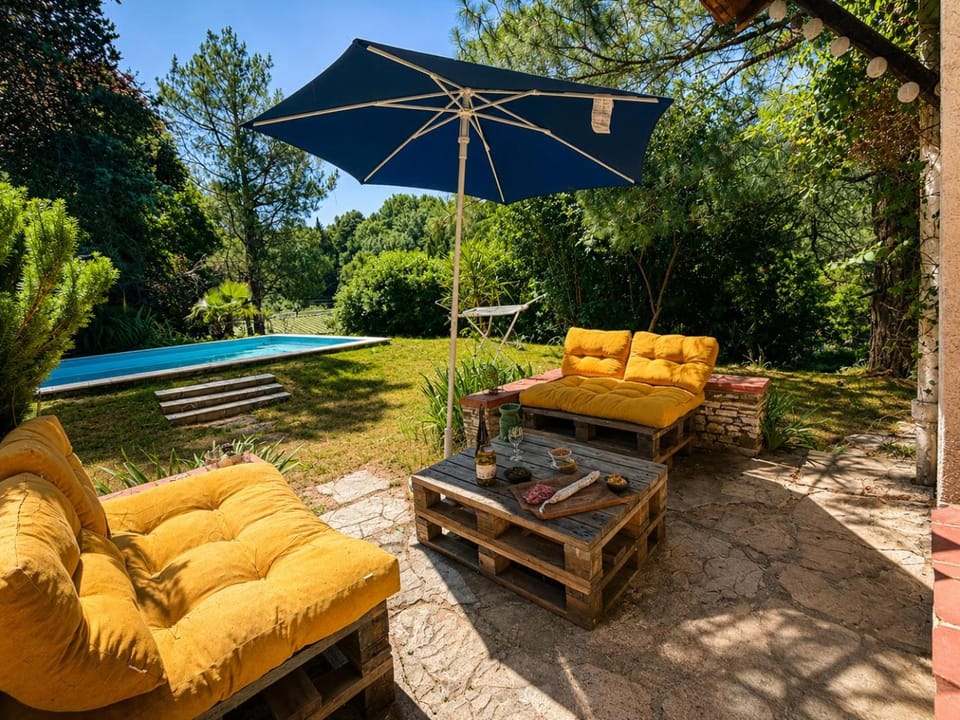 Patio, Spring, Day, Natural landscape, Garden, Balcony/Terrace, Dining area, Garden view, Pool view, Swimming pool