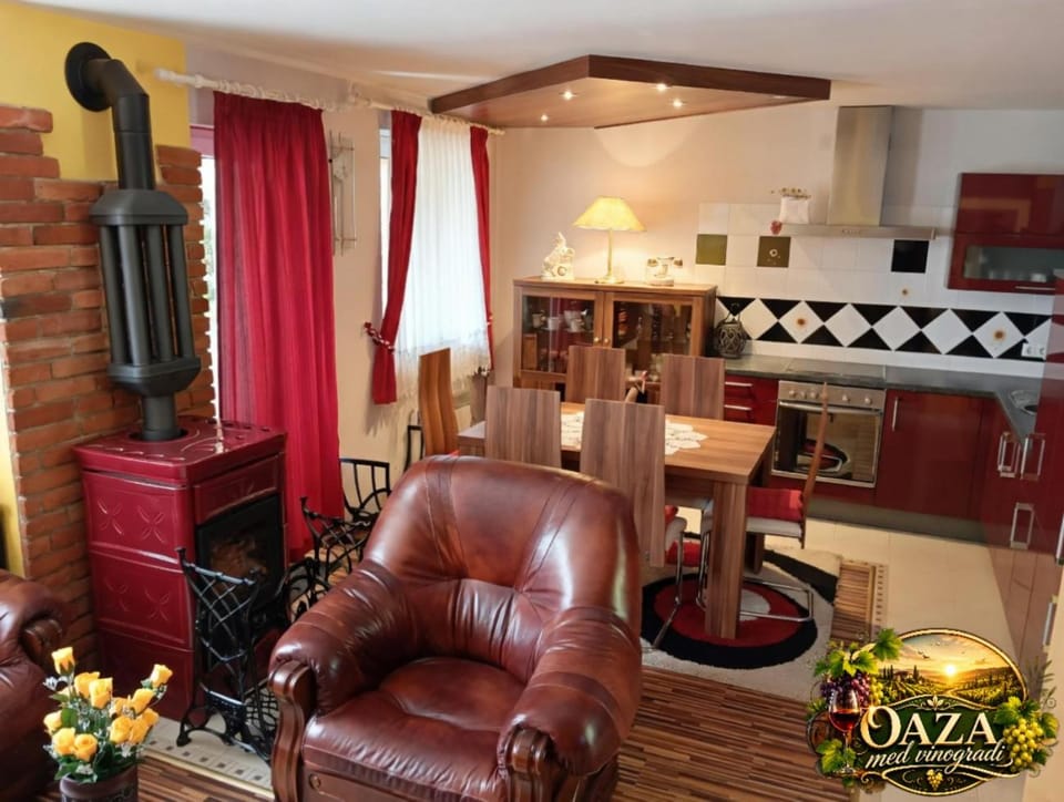 Living room, fireplace, kitchen