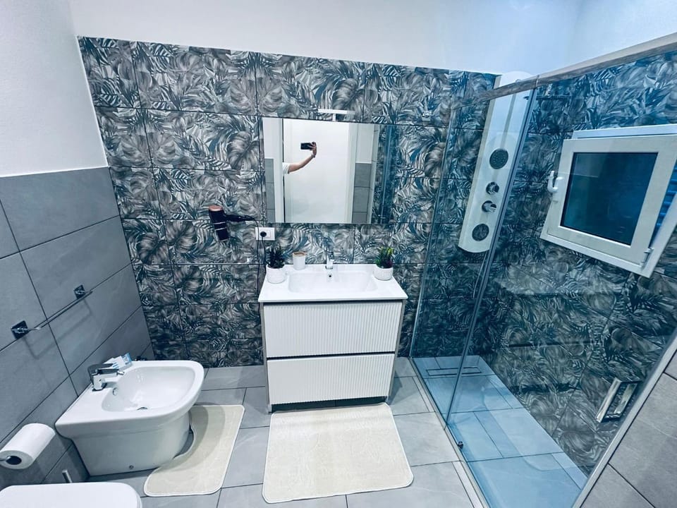 Shower, Toilet, bidet, hair dryier, towels