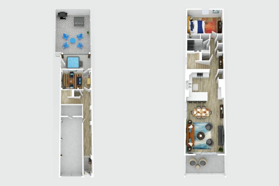 Patio, Bathroom, Kitchen or kitchenette, Living room, Floor plan, Dining area, Bedroom, Inner courtyard view