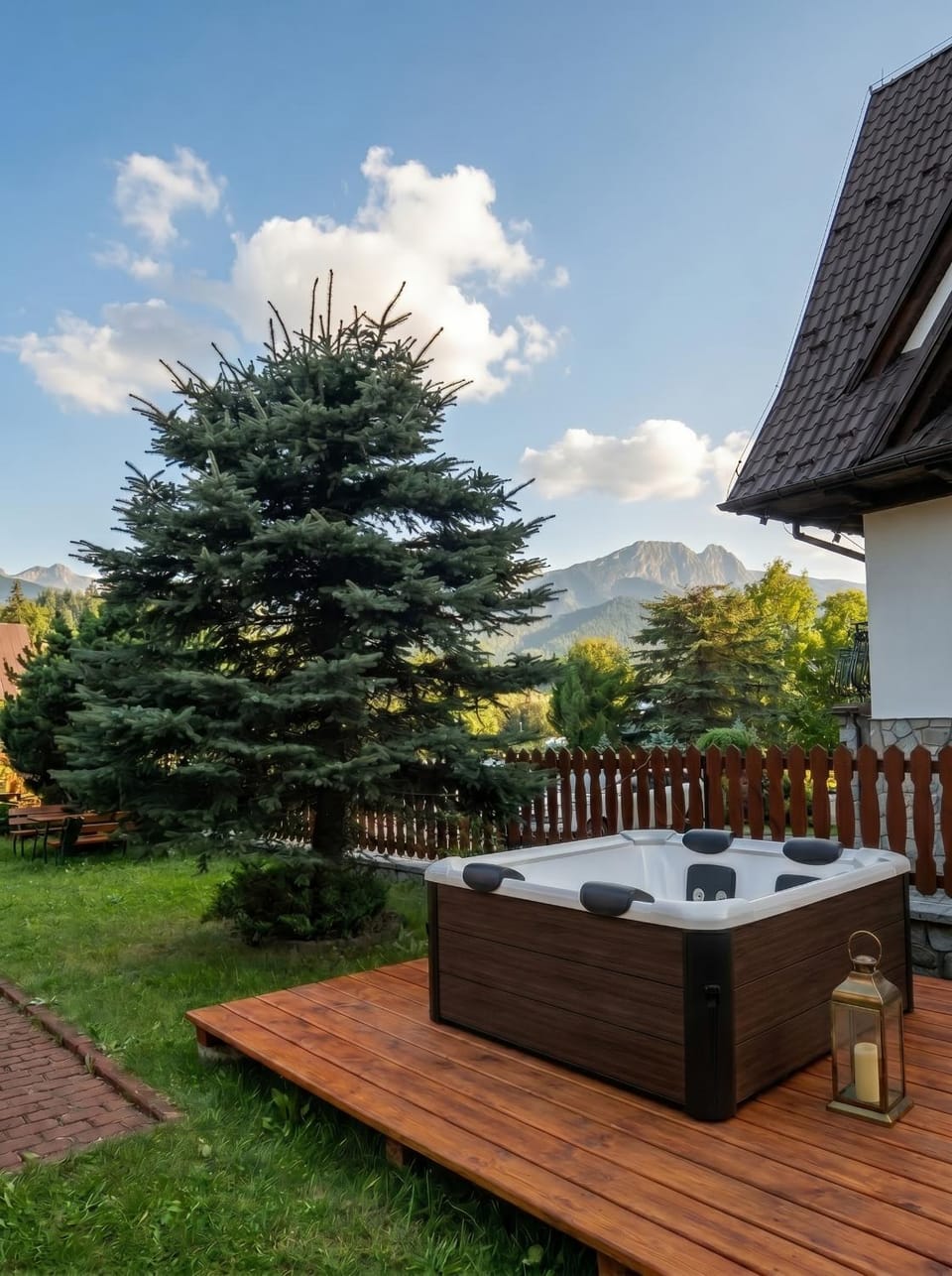 Property building, Patio, Spring, Day, Natural landscape, Garden, Dining area, Garden view, Mountain view
