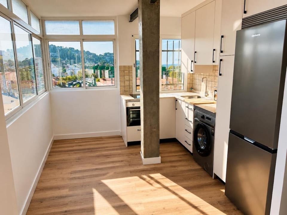 Kitchen or kitchenette, oven, stove, washing machine, kitchen