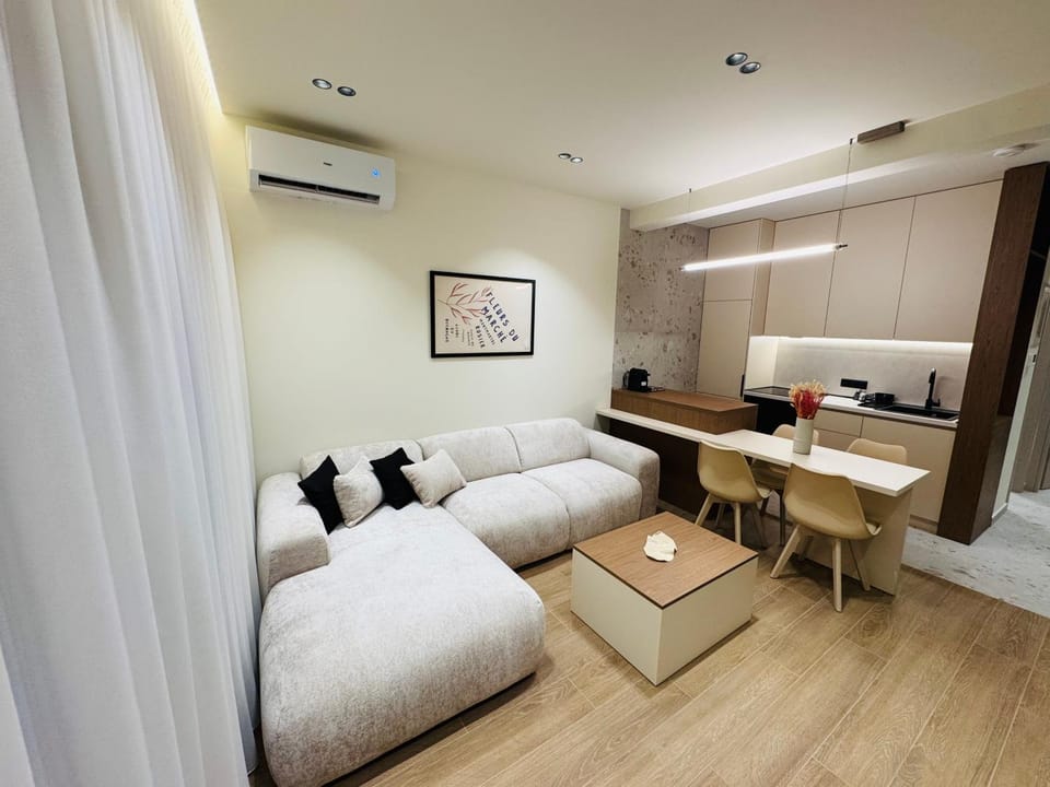 Kitchen or kitchenette, Living room, Seating area, Dining area, air conditioner