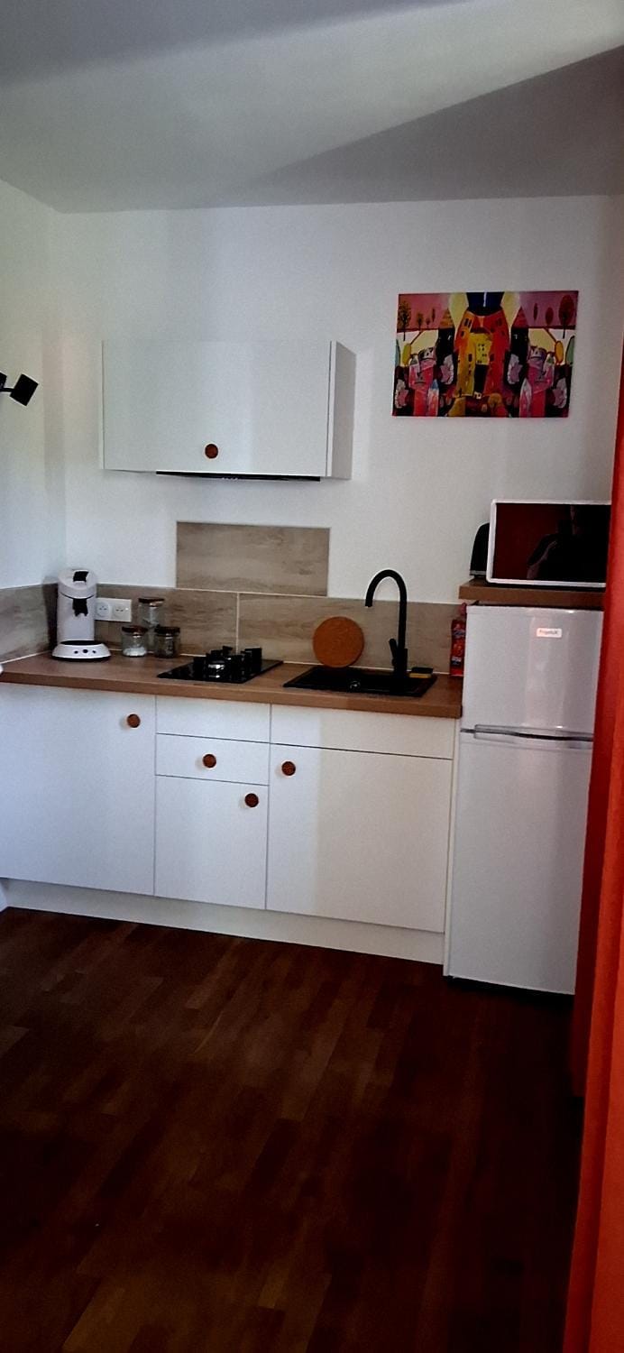 Kitchen or kitchenette, stove
