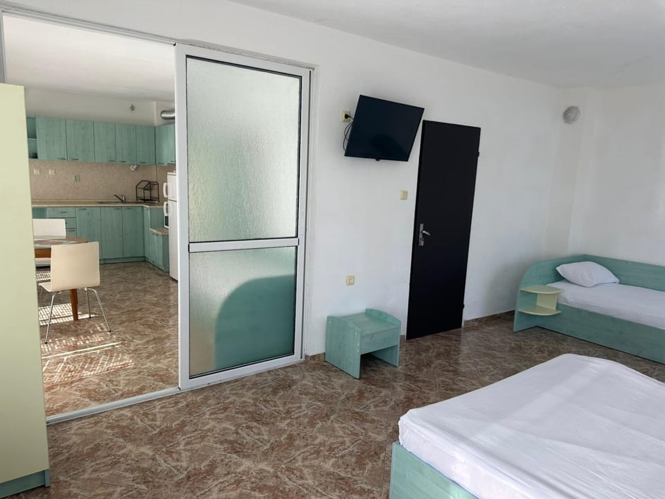 Bed, TV and multimedia, Kitchen or kitchenette, Living room, Photo of the whole room, Seating area, Bedroom