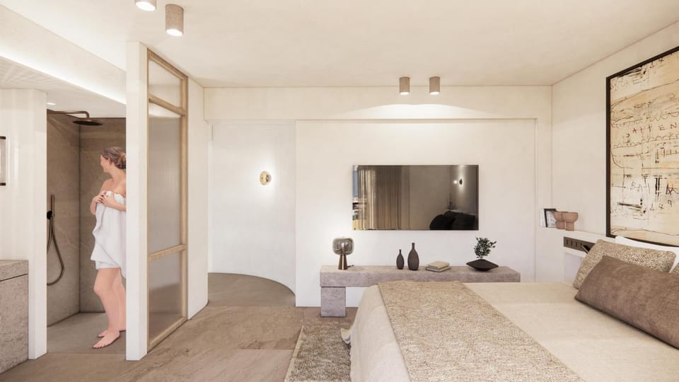 Shower, Bed, TV and multimedia, towels