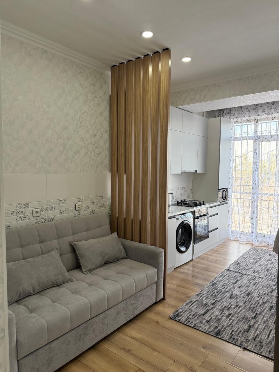 Kitchen or kitchenette, Living room, Seating area, washing machine, air conditioner