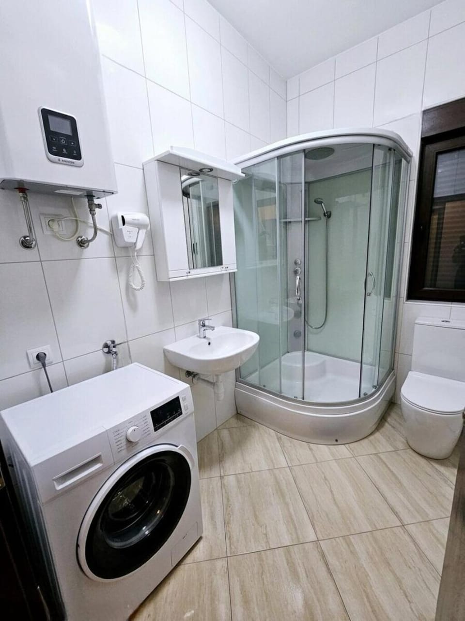 Shower, Toilet, Bathroom, Bath, towels, washing machine, dryer
