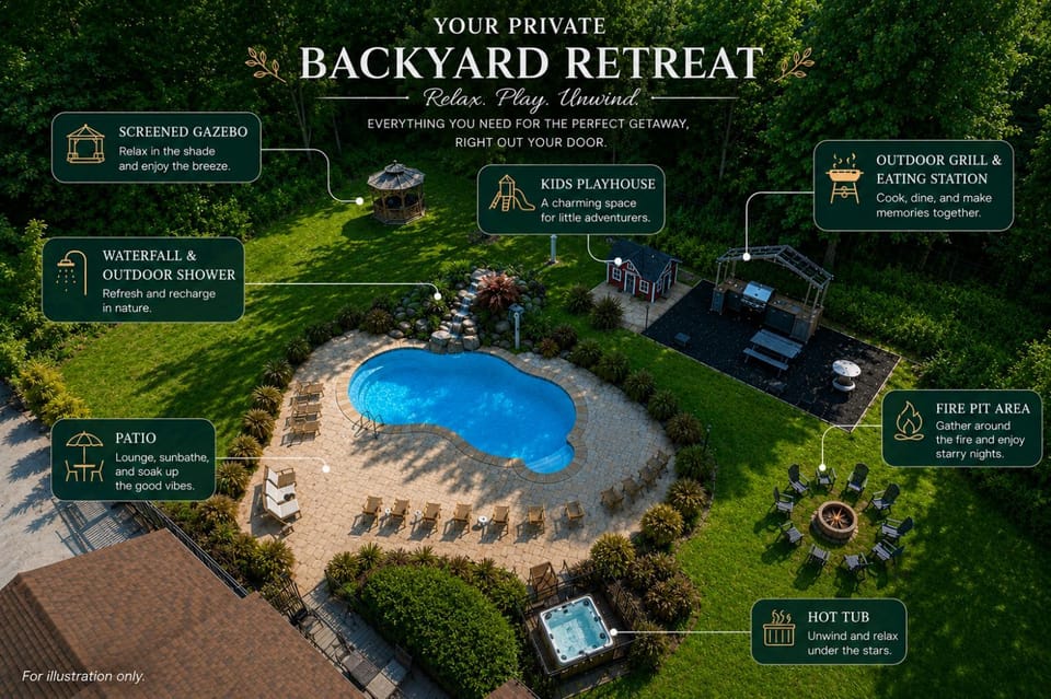 Patio, Bird's eye view, BBQ facilities, Children play ground, Garden, Hot Tub, Seating area, Dining area, Swimming pool