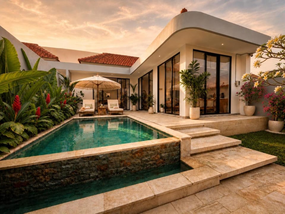 Property building, Patio, Day, Garden, Garden view, Pool view, Swimming pool, Swimming pool