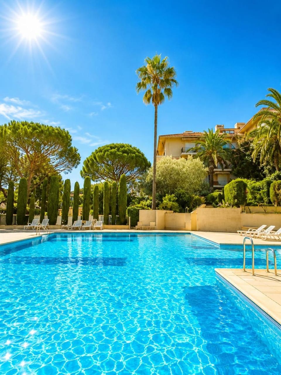 Natural landscape, Garden, Garden view, Swimming pool, sunbed