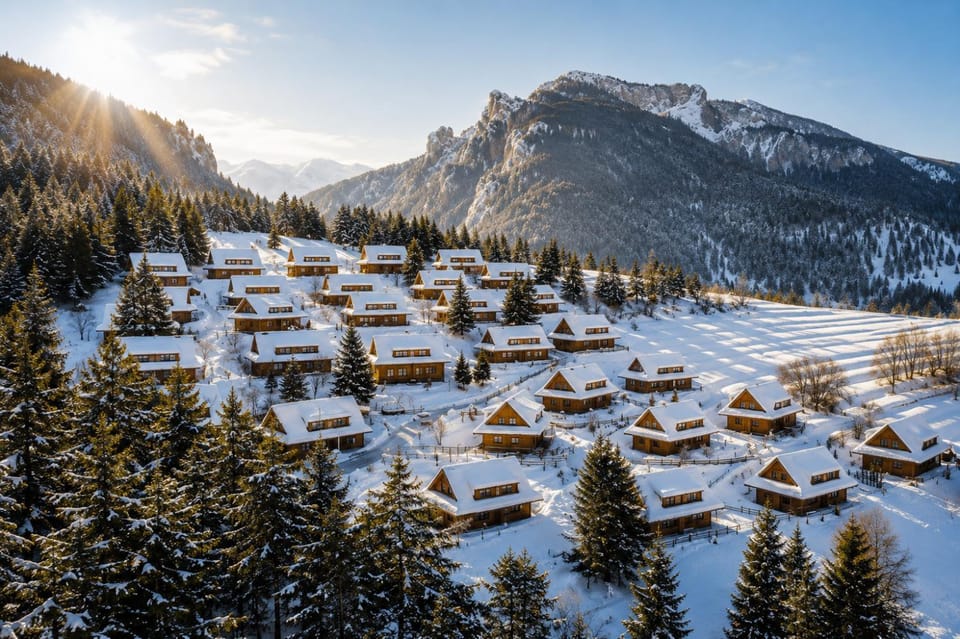 Property building, Nearby landmark, Restaurant/places to eat, Bed, Off site, Day, Neighbourhood, Natural landscape, Activities, Winter, Skiing, View (from property/room), Lobby or reception, Hiking, Mountain view, Location, Parking